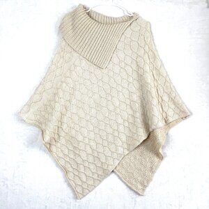Montecarlo Wool Blend Fold Over Turtleneck Chunky Cable Knit Sweater Cape Cream